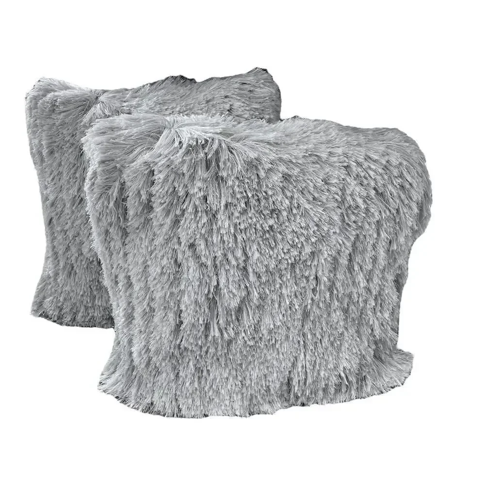Set of Aphorism Gray Silver Metallic Shag Fringe Square Throw Pillow Covers 22